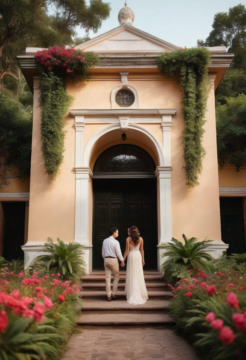 An enchanting scene showcasing a couple holding hands in front of the Guatemalan Embassy, surrounded by lush greenery and delicate flowers. The backdrop should feature beautiful Guatemalan architecture, infused with warm, romantic lighting at dusk. Include elements that symbolize love and travel, such as a heart-shaped map and delicate postcards scattered around. Emphasize the feeling of adventure and affection in the air. vibrant colors. super-realistic.