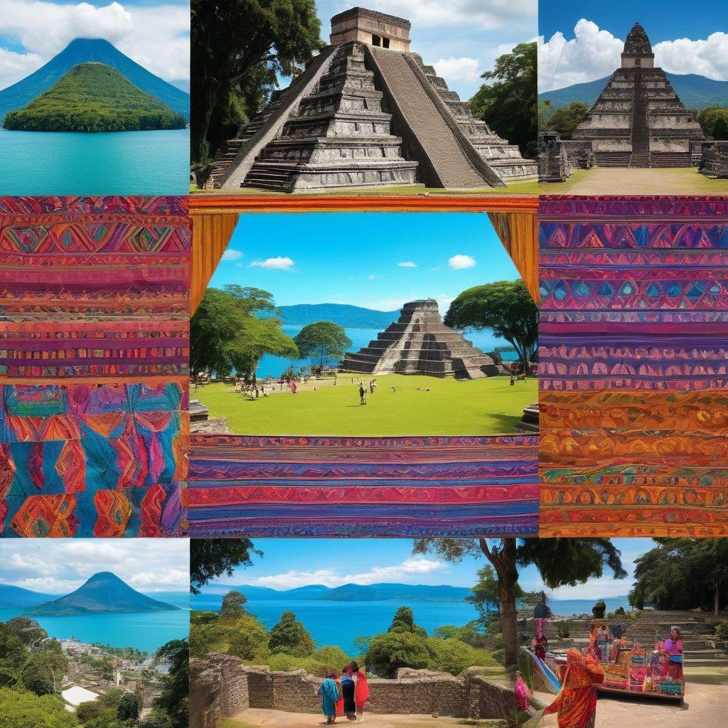 A vibrant collage showcasing the richness of Guatemalan culture – featuring traditional textiles, colorful markets, and scenic landscapes such as Lake Atitlán and the ruins of Tikal, adorned with handwoven fabrics and artisan crafts that emphasize affection and warmth. Include smiling locals engaged in cultural activities, with an emphasis on familial connections. bright colors. super-realistic. 3D.