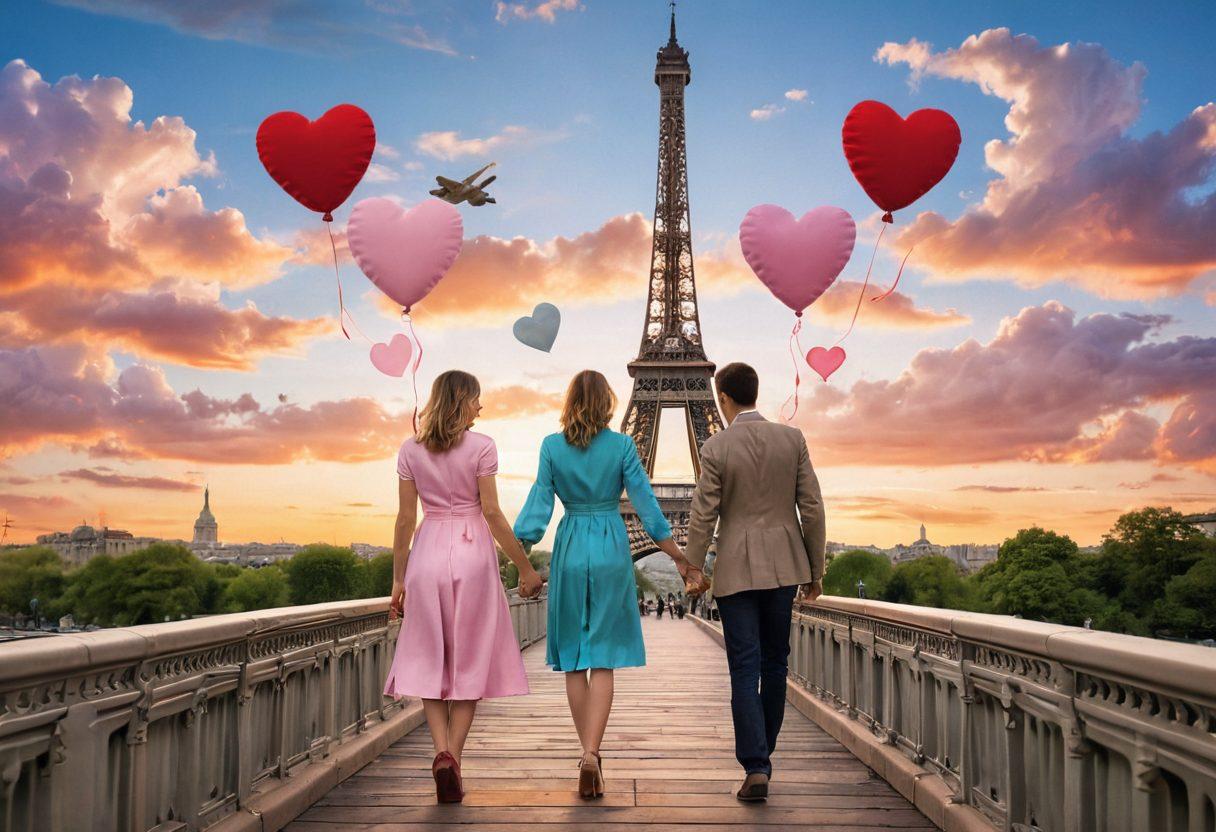 A romantic landscape depicting a couple standing on a bridge, holding hands with passports in their other hands, symbolizing love and international travel. In the background, show various landmarks from different countries, like the Eiffel Tower and the Statue of Liberty, to represent global romance. Incorporate colorful hearts drifting in the air and gentle clouds for a dreamy atmosphere. soft focus. vibrant colors. 3D.